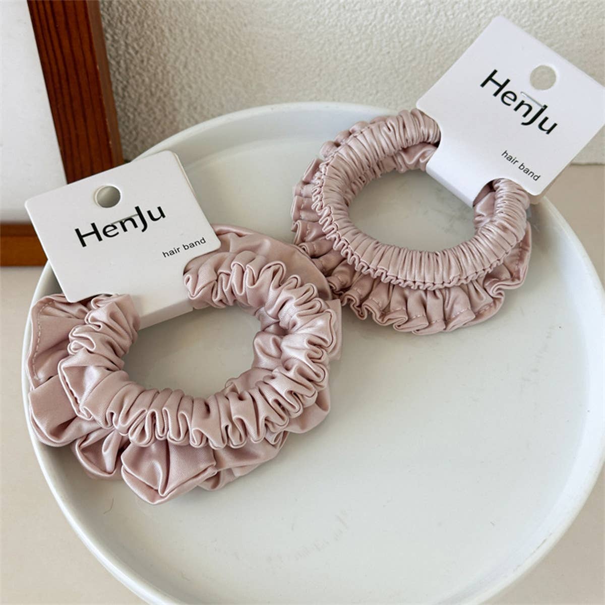 Pink Satin Bead Scrunchie Soft Hair Tie_Cwaha07599