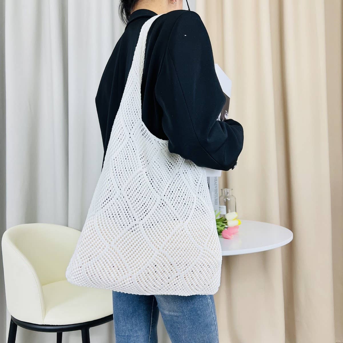 Cwab4575_Solid Knit Hollow Woven Shoulder Tote Bag