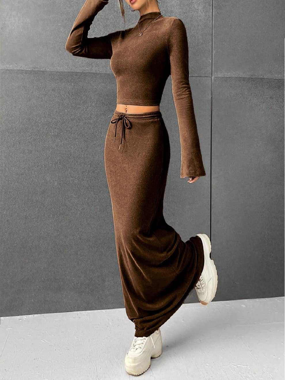 Solid Color Pants Long-Sleeved Top Two-Piece Set