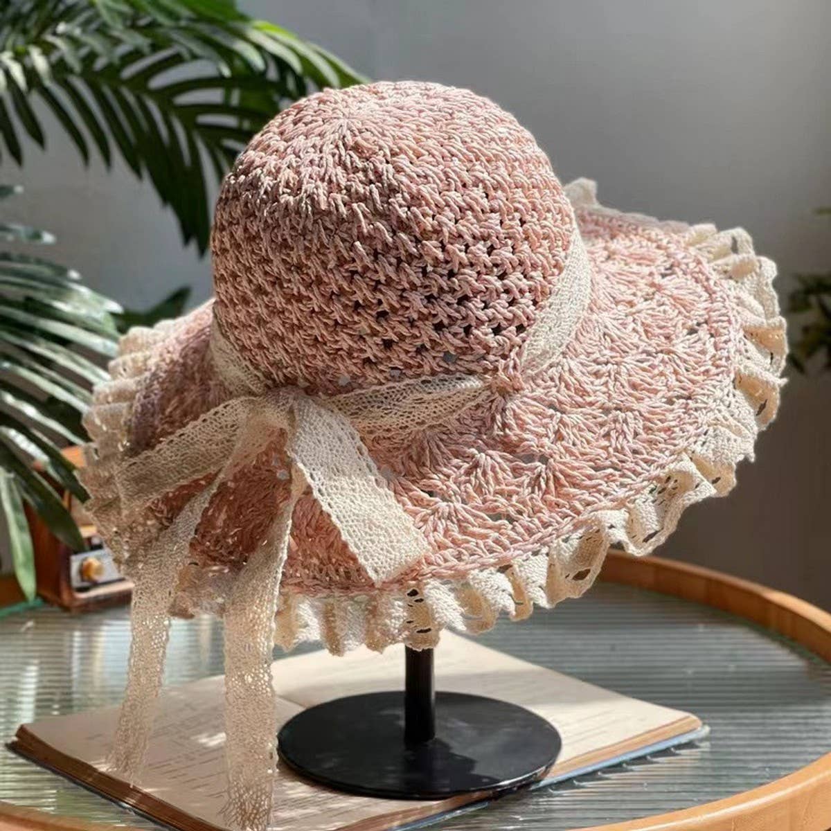 HAND WOVEN BOW FOLDABLE LACE STRAW HAT_CWAH1174