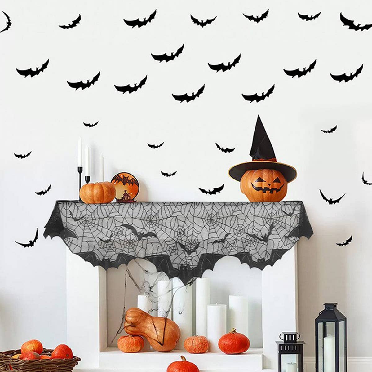 HALLOWEEN MANTEL BAT LACE TABLE RUNNER_CWMM1725