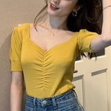 Vintage V-Neck Puffy Sleeve Knit Base T-Shirt