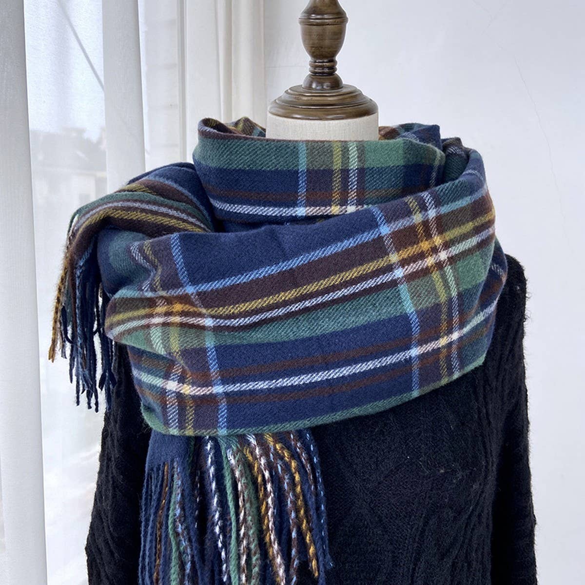 PLAID WINTER SCARF VINTAGE TASSEL SHAWL FOR WOMEN_CWASC1473