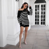 Striped V-Neck Long-Sleeved Sweater Dress
