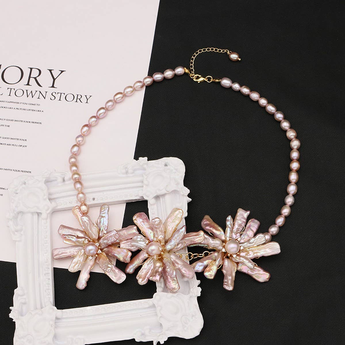 NATURAL PEARL PINK PURPLE FLOWER NECKLACE_CWAJE3828