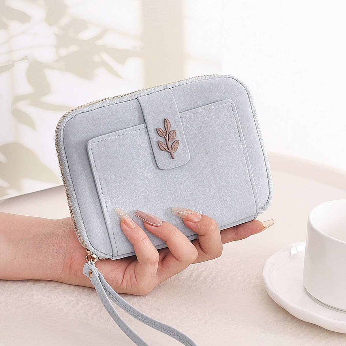 New Solid Leaf Decor Zipper Short Wallet_Cwab06258