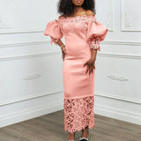 BOAT NECK LACE PATCHWORK LANTERN SLEEVE DRESS_CWDMD3683