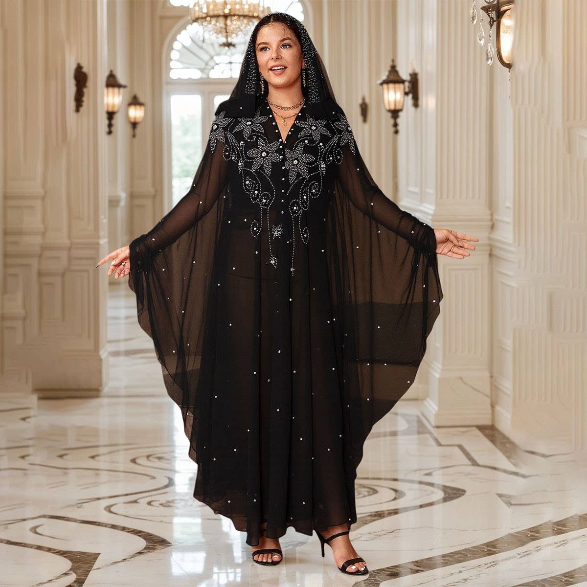 AFRICAN BEADED LONG ROBE MUSLIM CAPE HOODED DRESS_CWMM6138