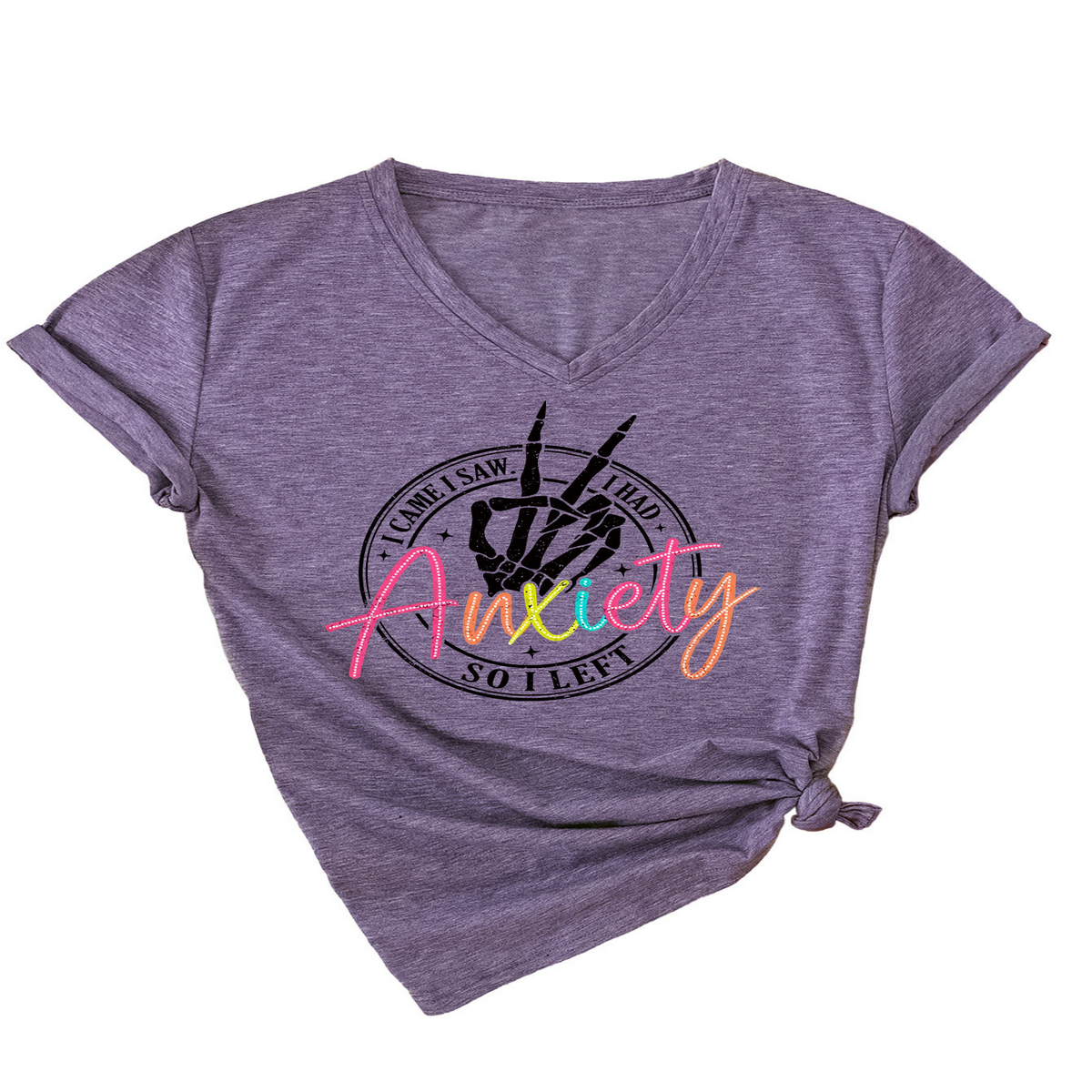 Trendy V-Neck Tee I Came Saw Print