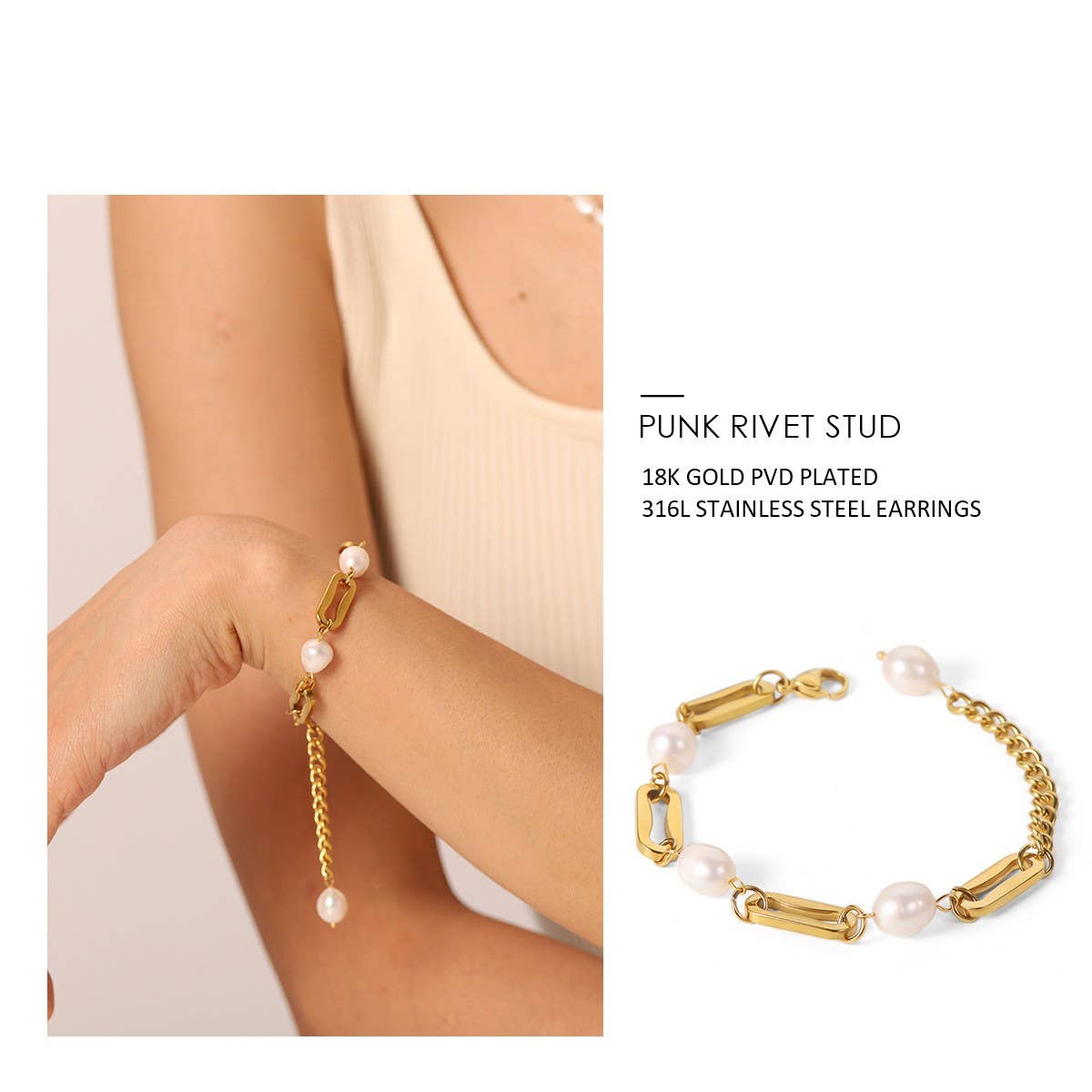 Vintage 18K Gold Pearl Geometric Chain Bracelet