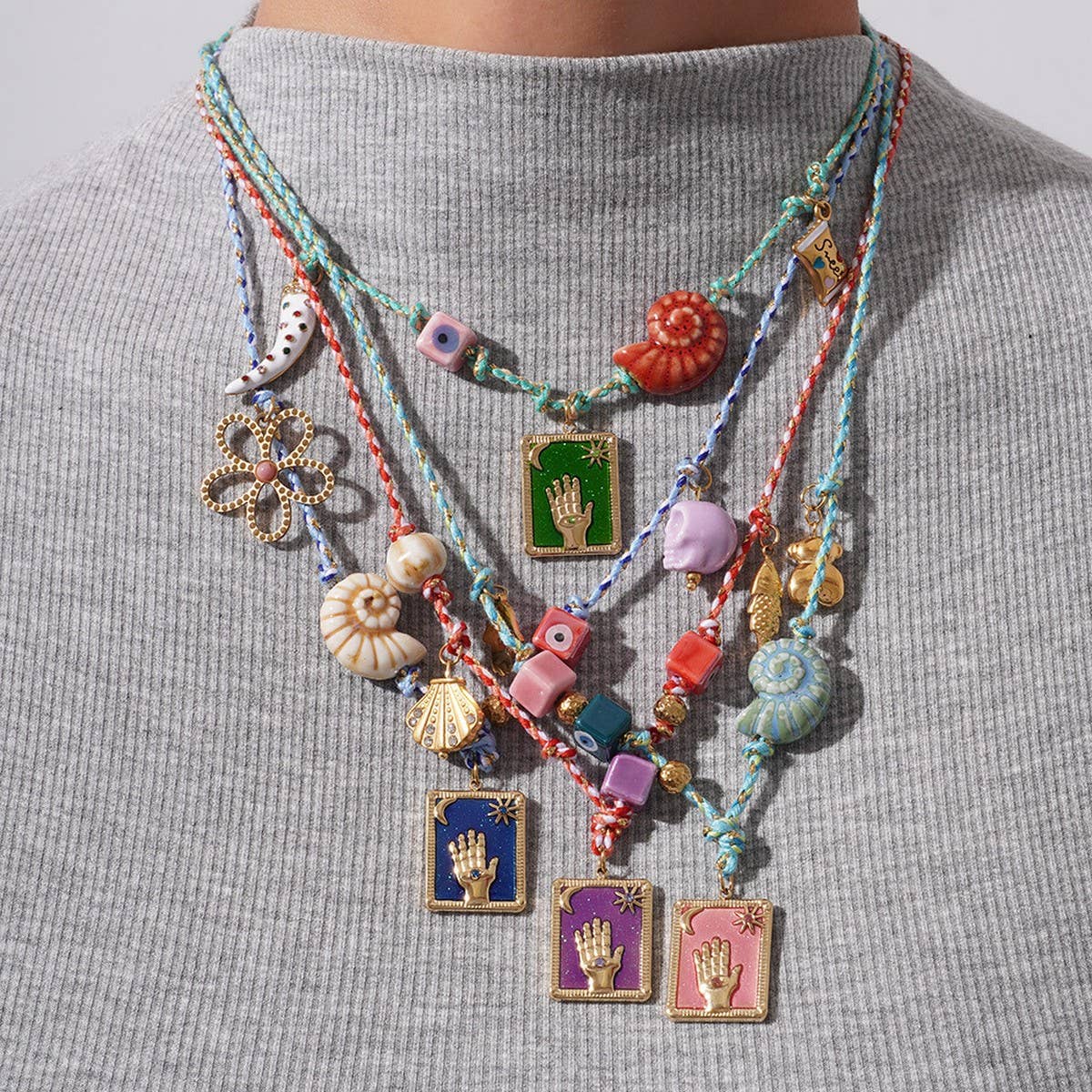 EVIL EYE SHELL NECKLACE WITH COLOR ROPE_CWMM7528