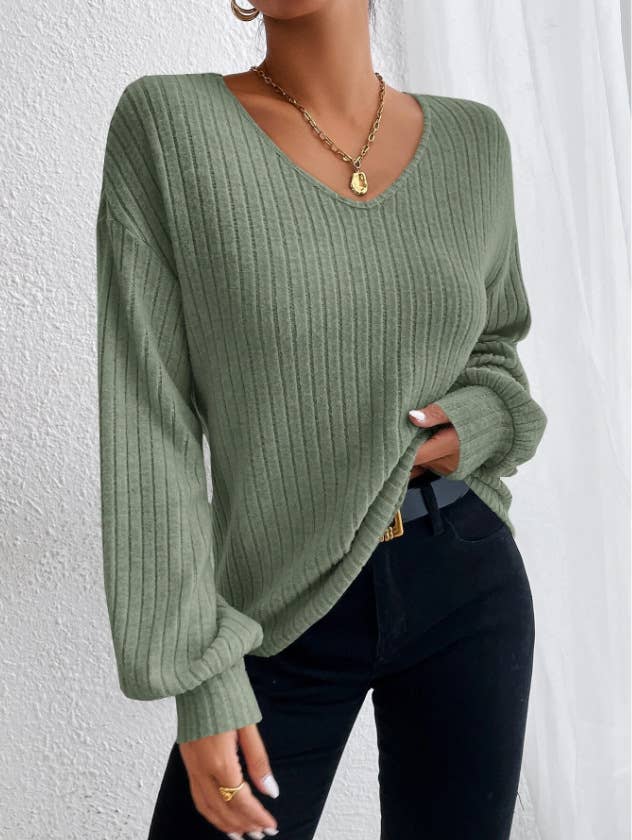 V-Neck Drop Shoulder Sleeved T-Shirt Loose Knit