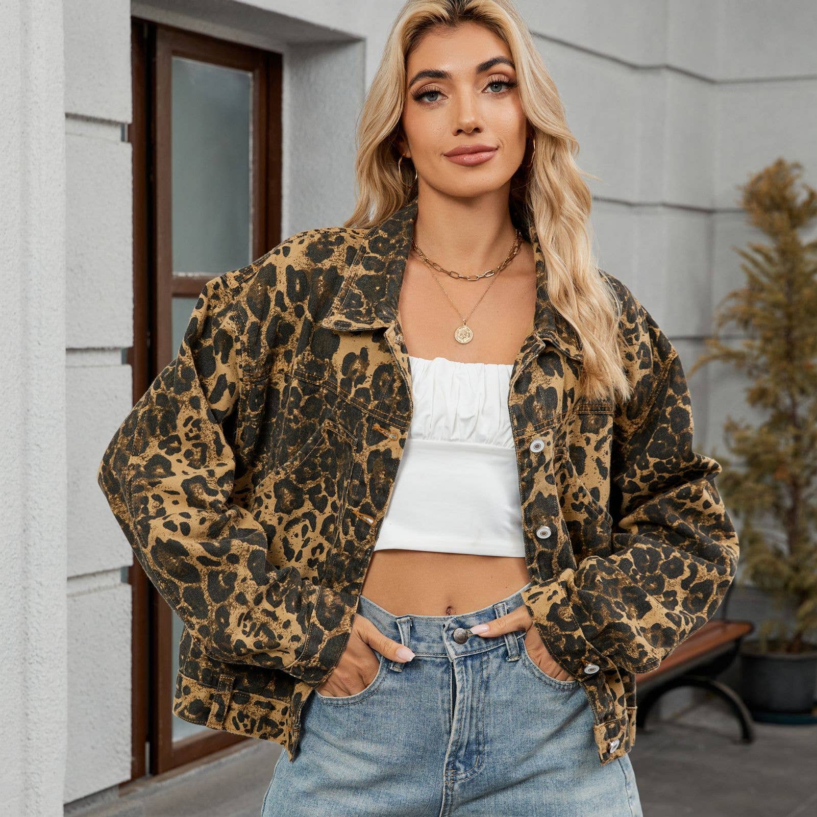 Wild And Versatile Leopard Print Denim Jacket