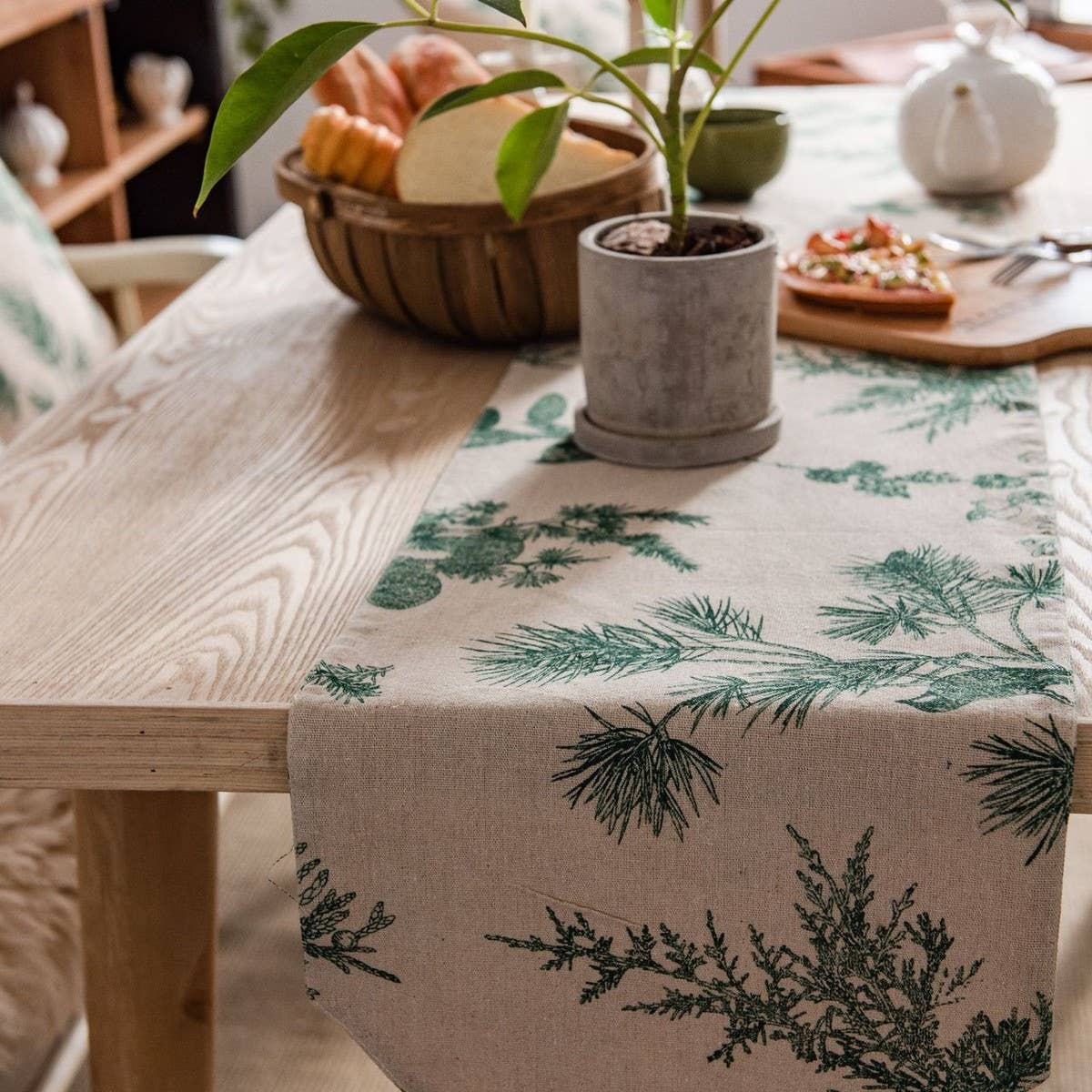 GREEN PINE CONE PRINTED FABRIC LONG TABLECLOTH_CWMM0999