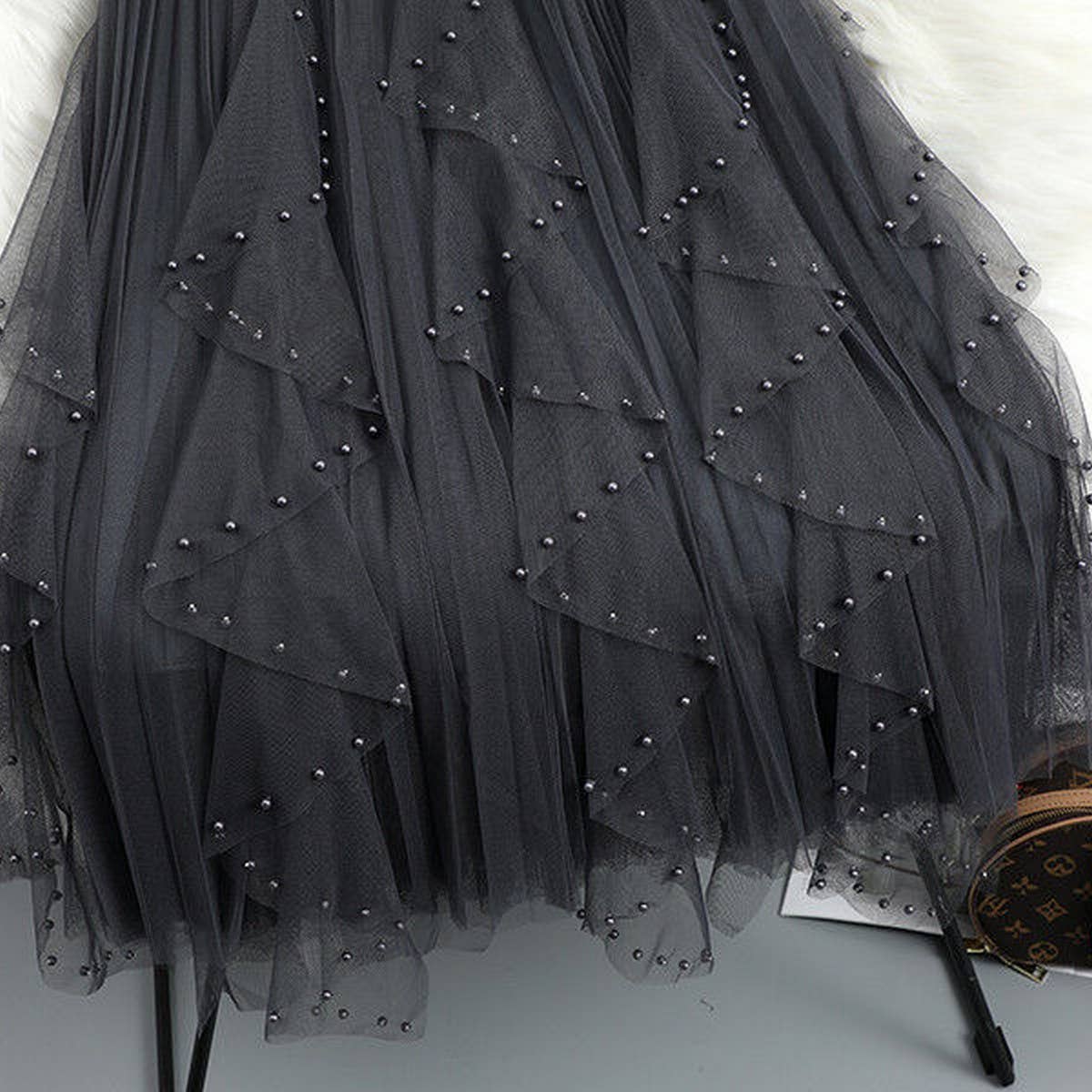 BEADED MESH PLEATED SKIRT A LINE TULLE SKIRT_CWBLS0398
