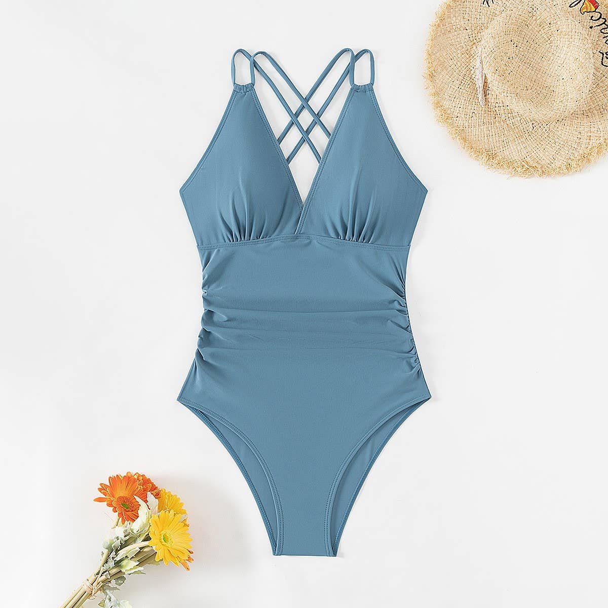 SEXY PLEATED BACK HOLLOW SLIM ONE PIECE SWIMSUIT_CWMW0614