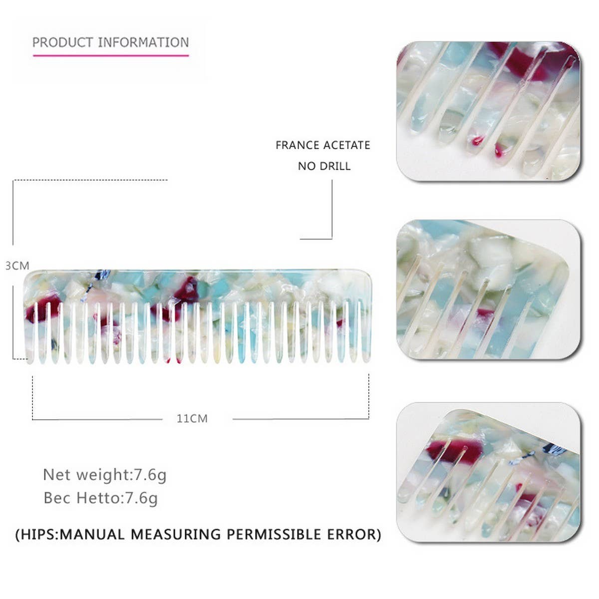 Vintage Acetate Hair Comb Dense Tooth Comb