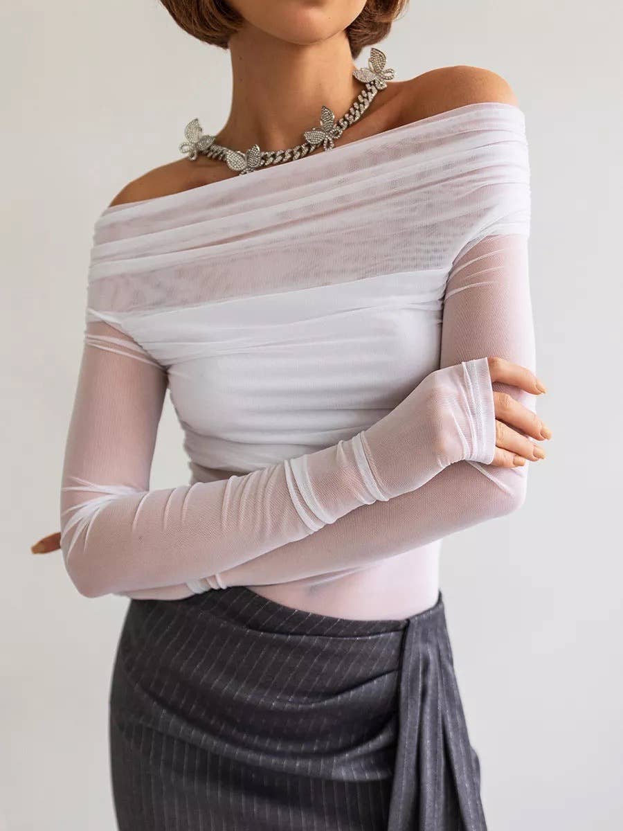 Solid Color Fit Line Neck Gauze Long Sleeve Top