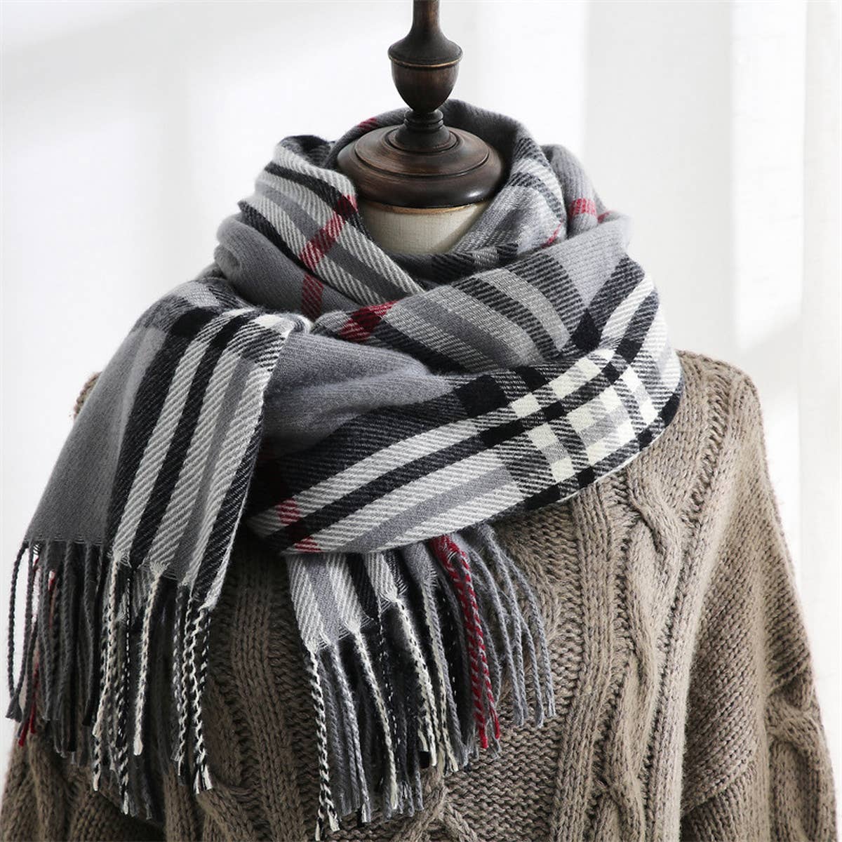 PLAID FAUX CASHMERE SCARF SWEET MID LENGTH WRAP_CWASC0190
