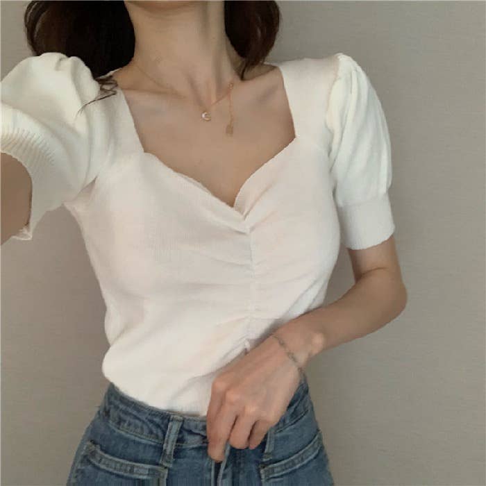 Vintage V-Neck Puffy Sleeve Knit Base T-Shirt