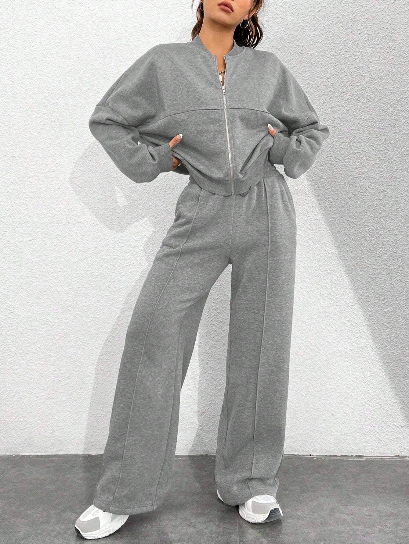Two-Piece Set Of Zippered Cardigan And Trousers