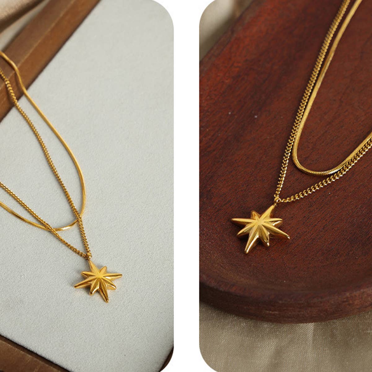 EIGHT POINTED STAR PENDANT DOUBLE LAYERED NECKLACE_CWAJE1087
