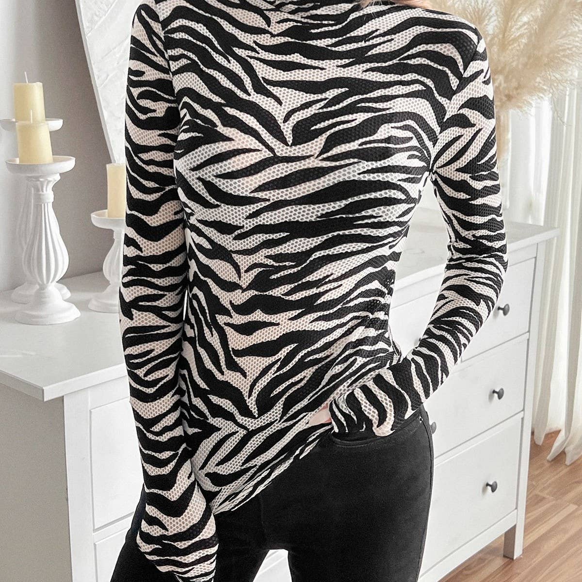 STYLISH ZEBRA PRINT MESH HIGH NECK FITTED TOP_CWTBLL3425