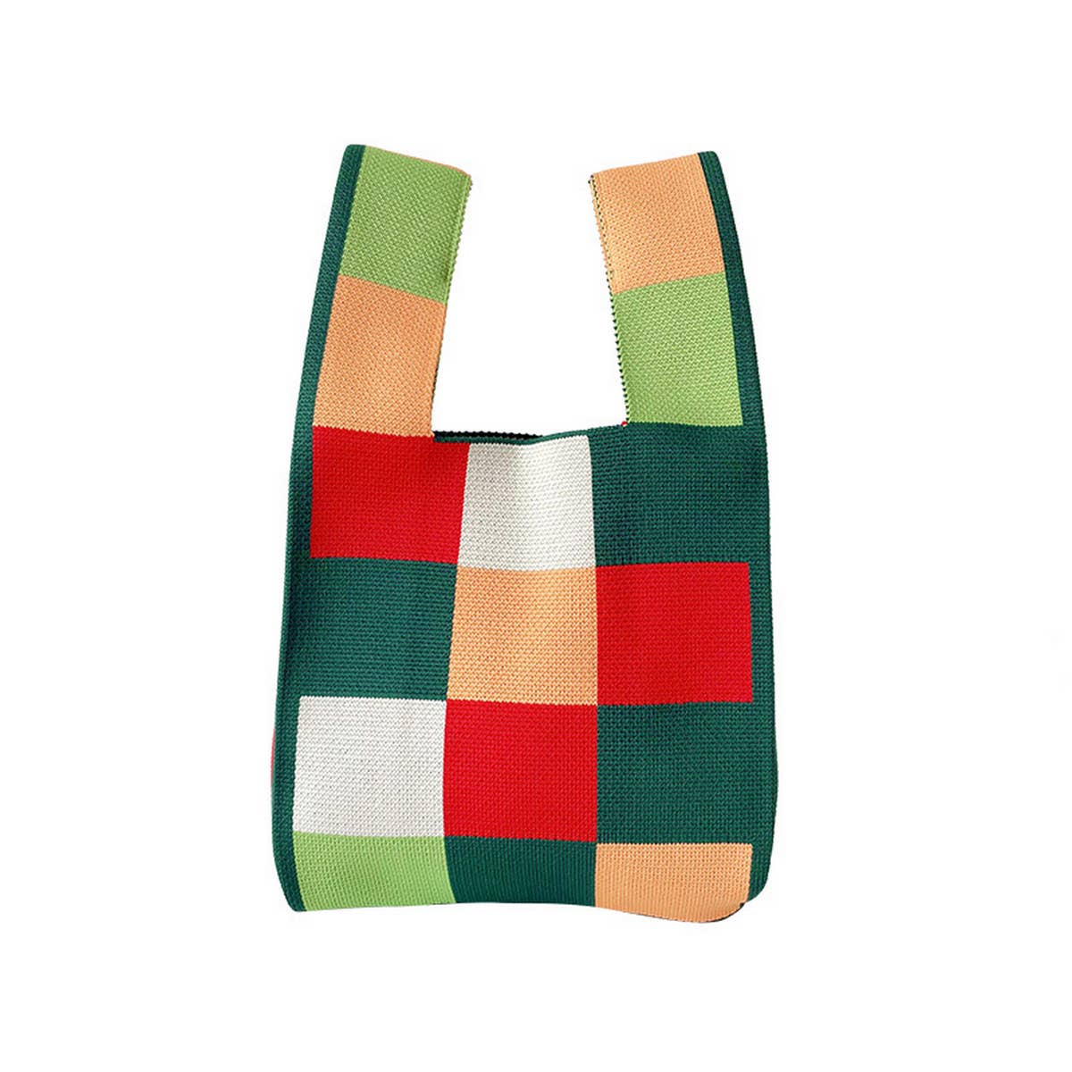 PINK AND GREEN CHECKERBOARD KNIT TOTE BAG_CWAB2394