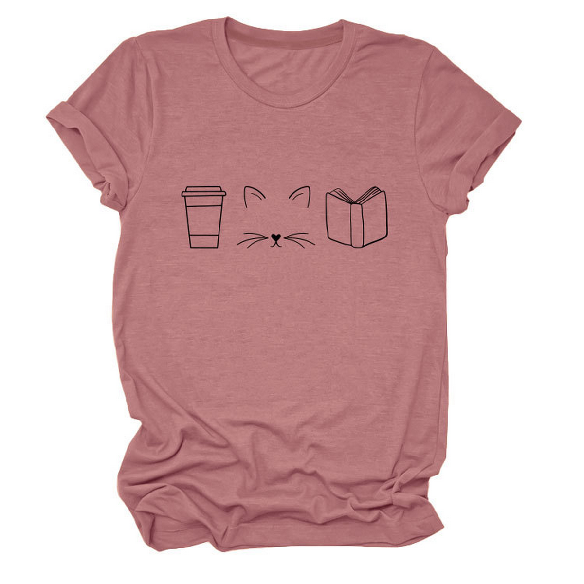 CUTE CAT LINE ART TEE COFFEE CUP PRINT SHIRT_CWTTSL0508