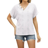 V-Neck Jacquard Button Loose Cutout T-Shirt