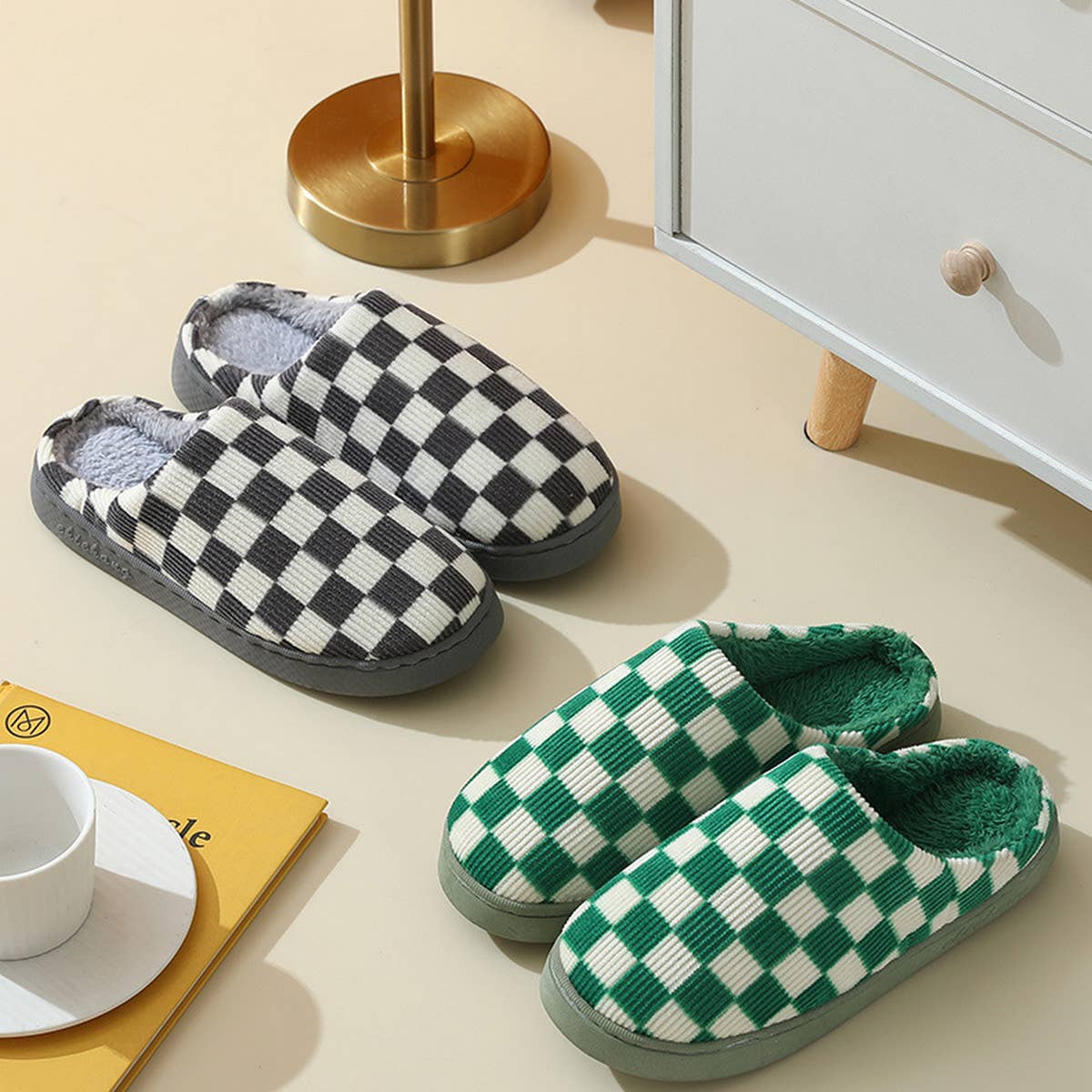 Household Simple Checkered Cotton Slippers_Cwshs0332