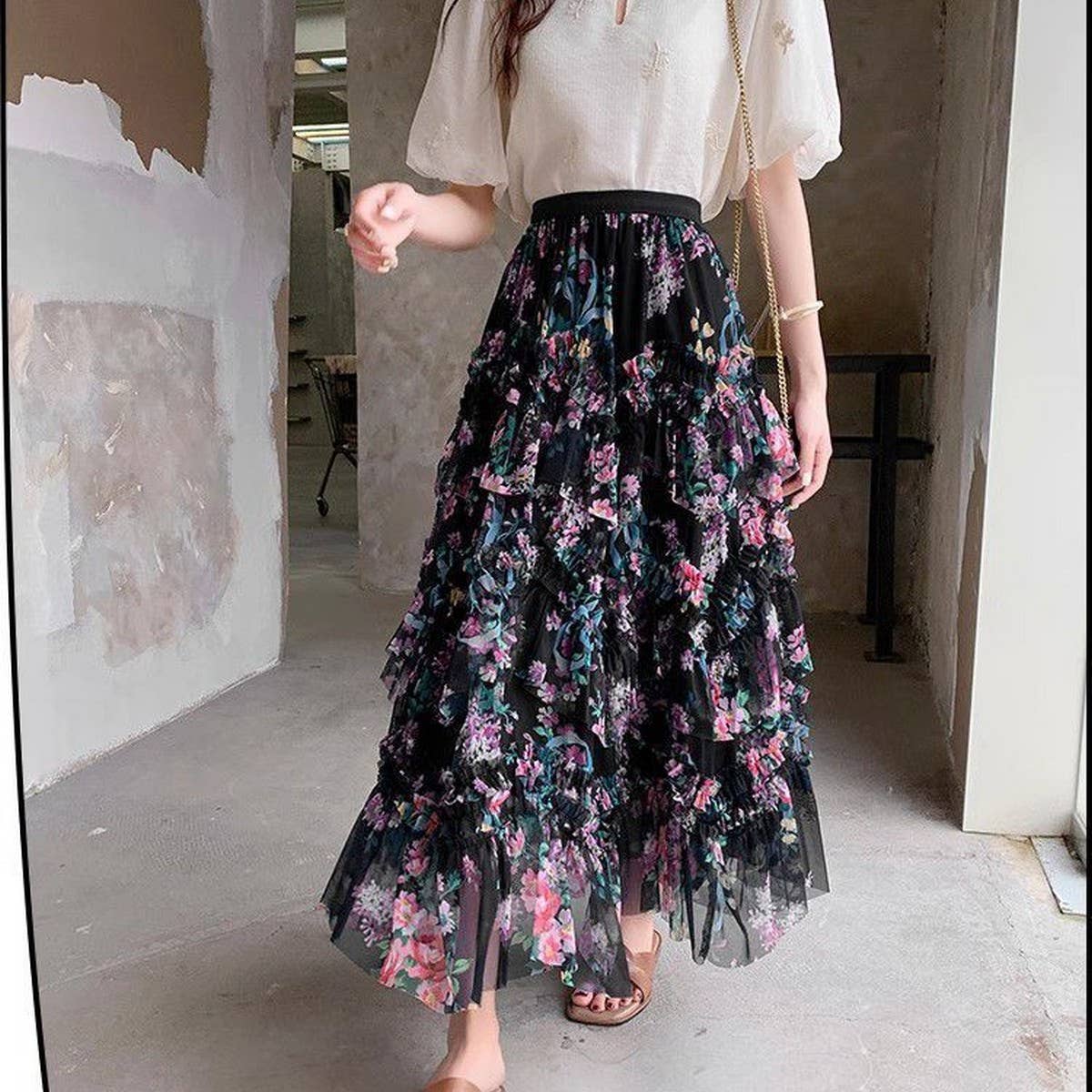 COLORFUL FLORAL MESH PRINT PLEATED TULLE SKIRT_CWBLS0399