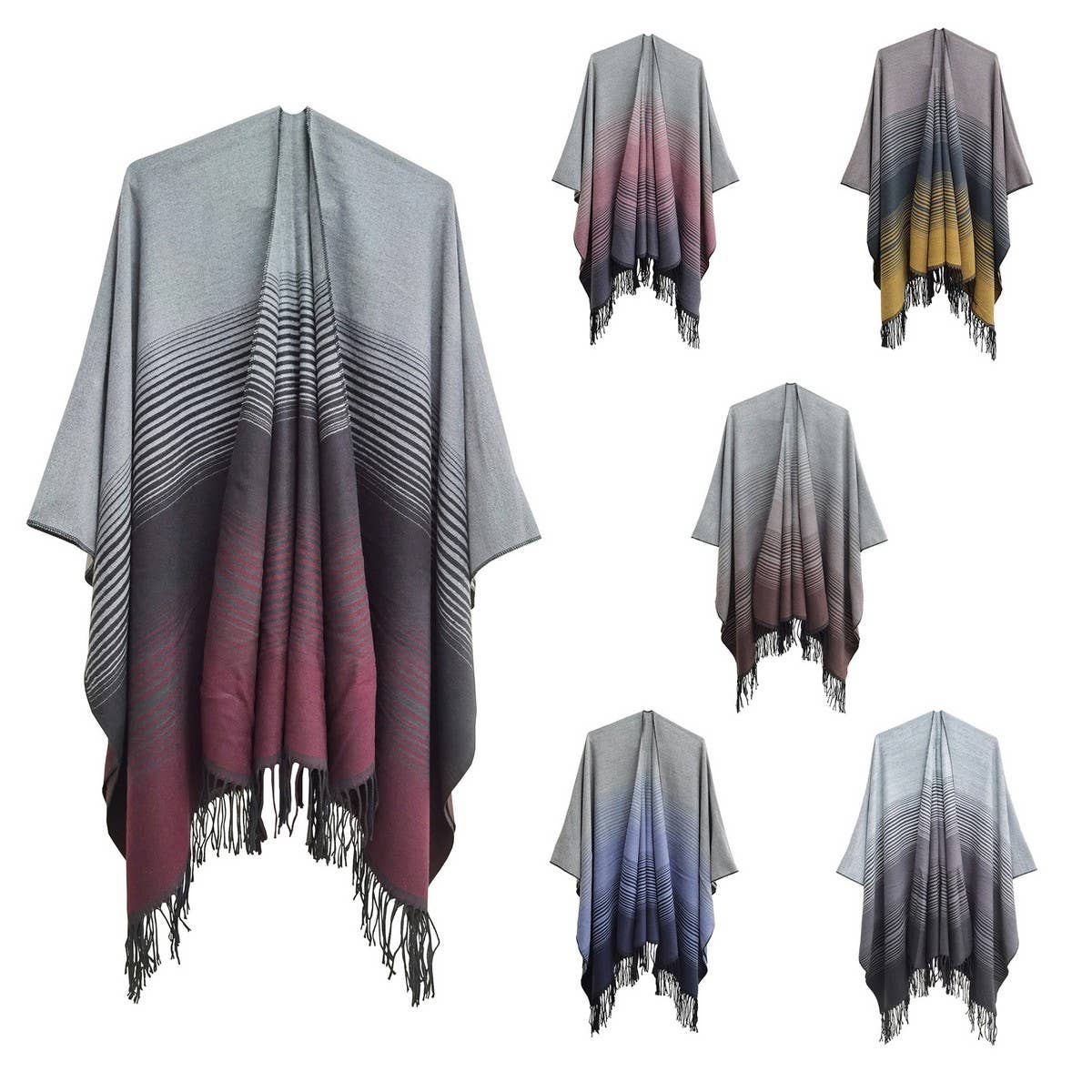 GRADIENT FINE LINES TASSELS WARM SHAWL CLOAK_CWASC0282
