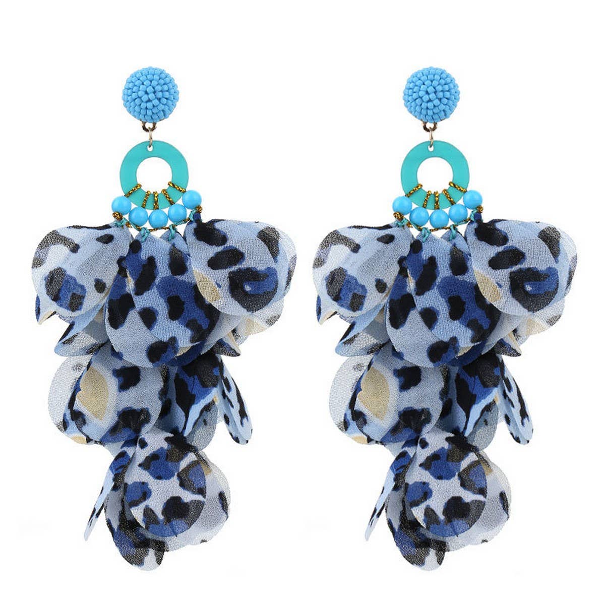 FABRIC FLOWER TASSEL EARRINGS WITH LEOPARD PRINT_CWMM6265