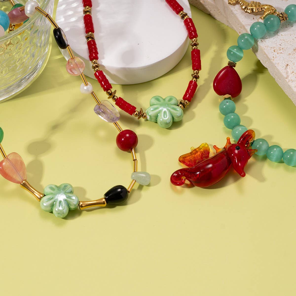 COLORFUL GEM SEAHORSE STARFISH PENDANT NECKLACE_CWMM7530