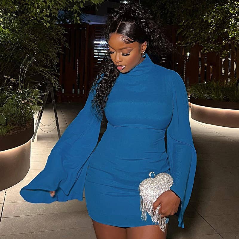 Stylish Turtleneck Solid Color Wrap Hip Dress