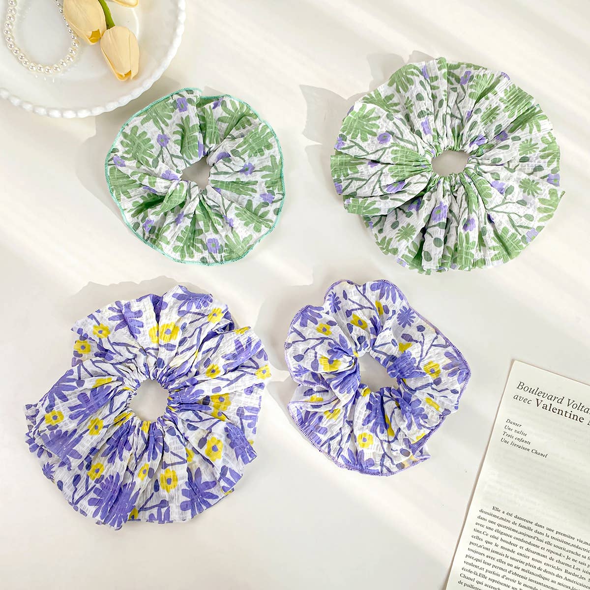 Large Pleated Floral Intestine Style Hair Ties