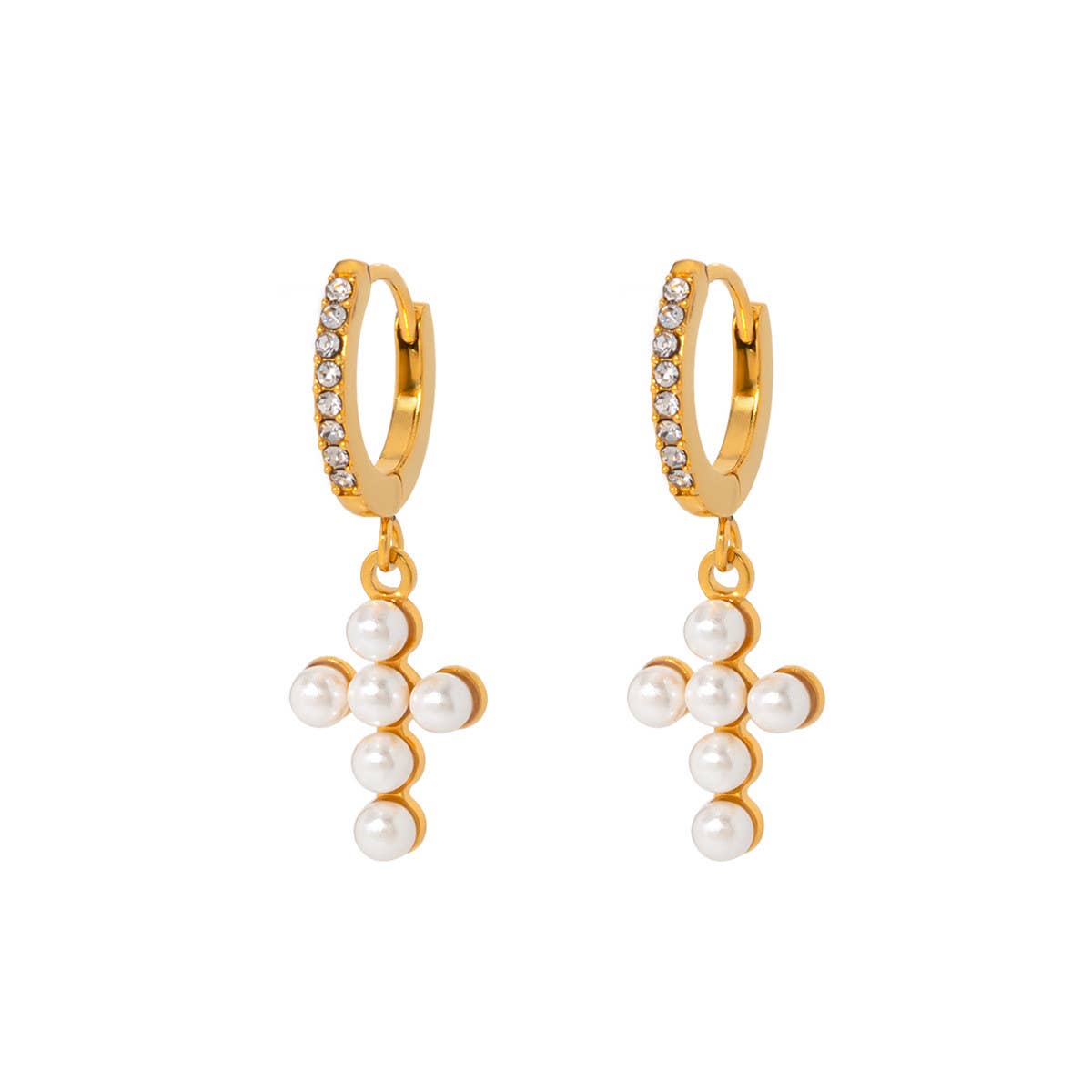 18K GOLD INLAID RHINESTONE PEARL CROSS EARRINGS_CWAHA0898