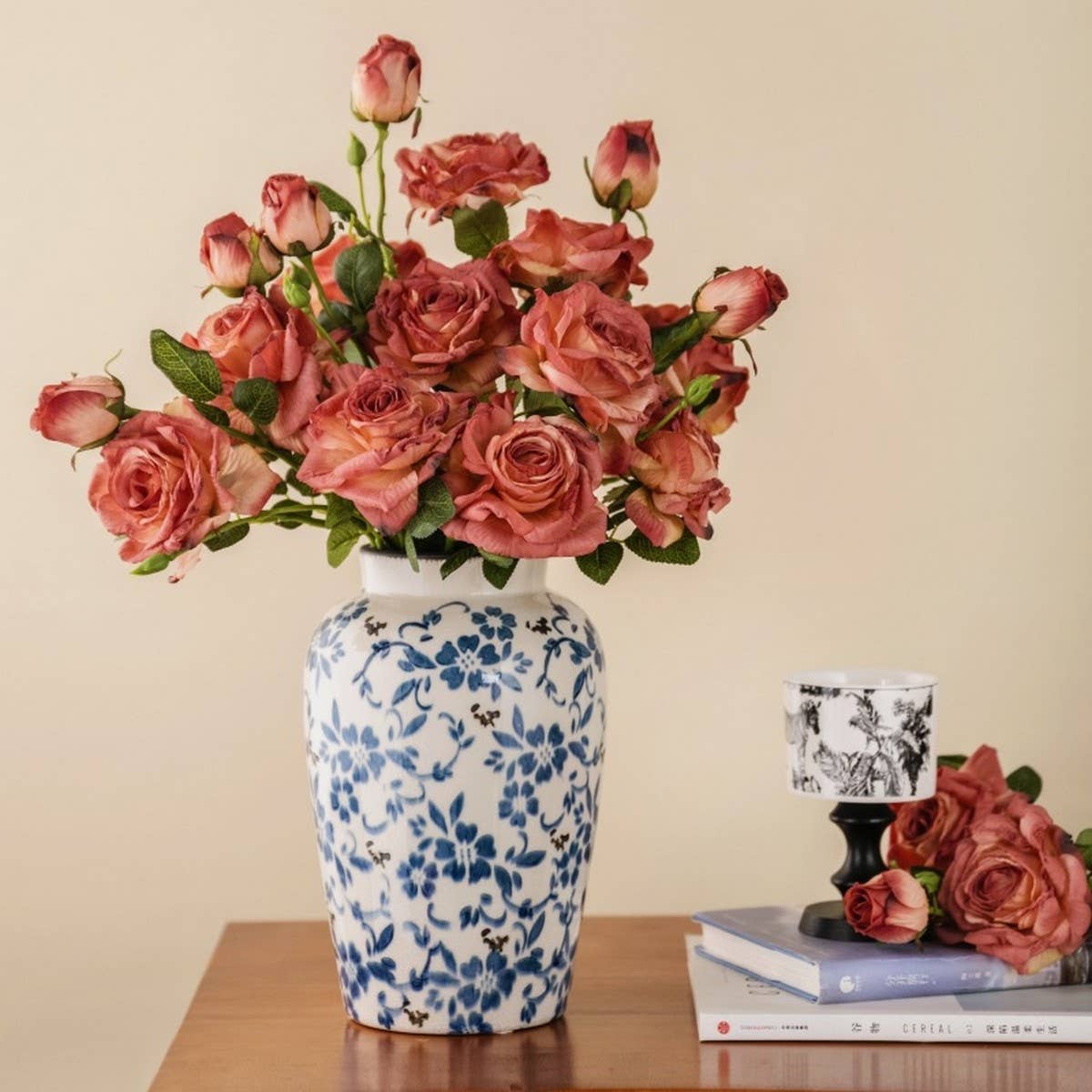 2 FLOWER 1 BUD BURNT EDGE DRIED ROSE ARTIFICIAL_CWMM6477