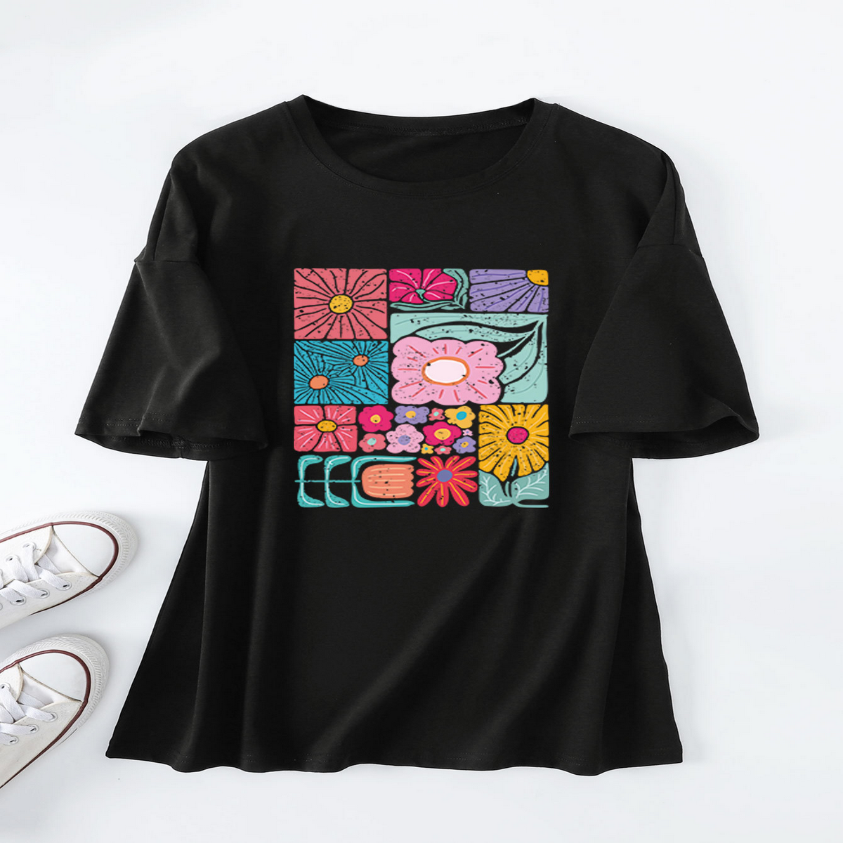 Womens Loose Fit Tee With Colorful Flowers_Cwtts1466