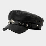 Punk Leather Flat Top Cap Studded Army Hat_Cwah04630