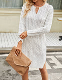 Solid Color Open V-Neck Sweater Dress