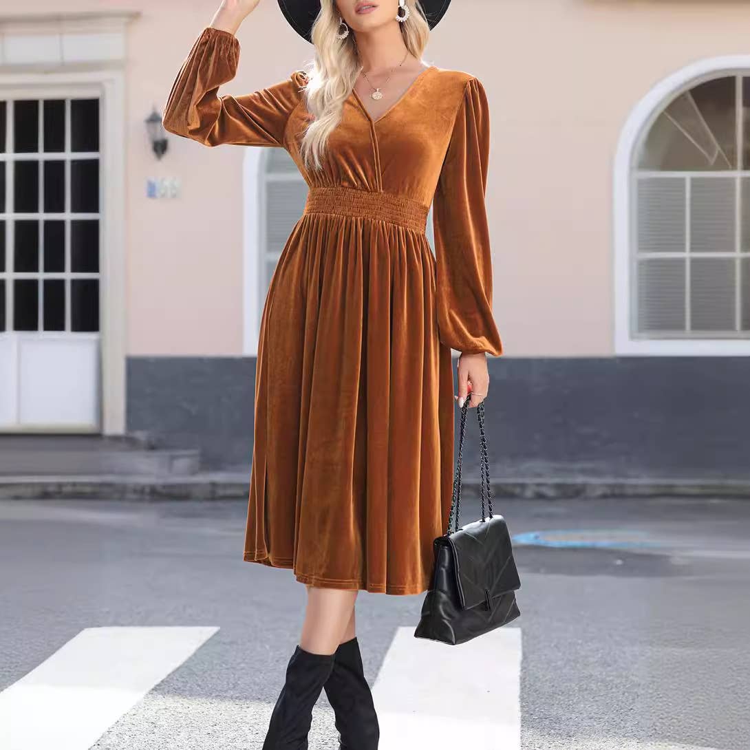Solid Color V-Neck Pleated High-Waisted Dress
