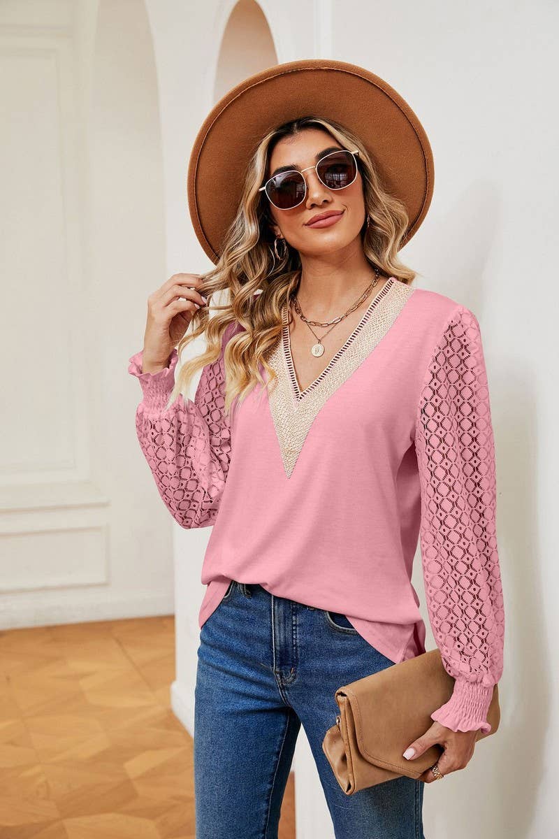 Cwtbll2401_V-Neck Lace Stitching Long-Sleeved Casual Top