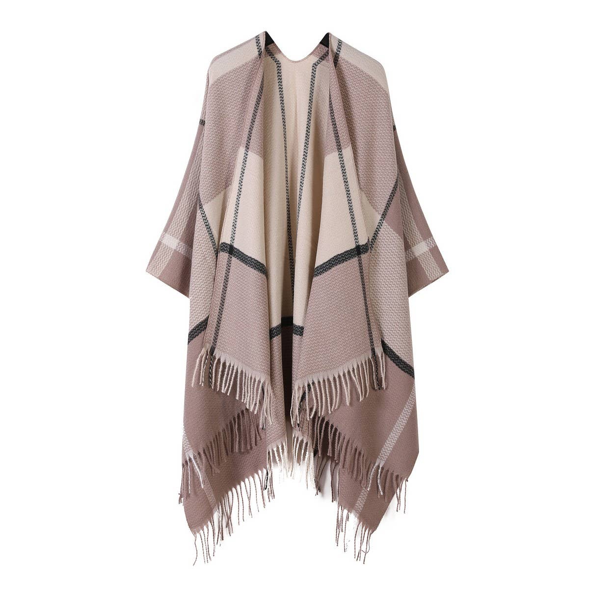 FRINGED SHAWL PLAID SCARF FAUX CASHMERE SLIT CAPE_CWASC2258