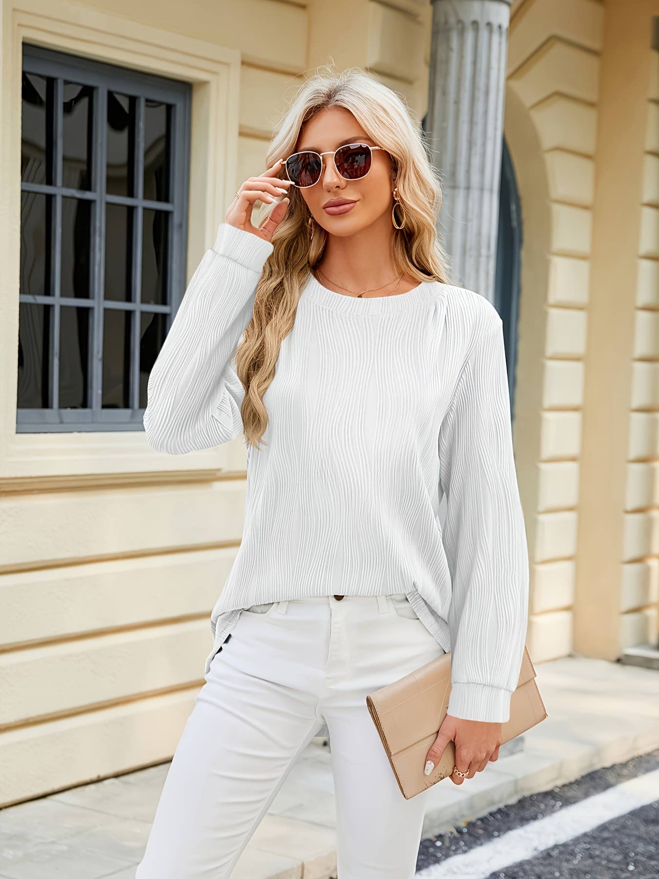 Solid Color Crew Neck Loose Long-Sleeved T-Shirt