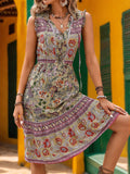 Vintage Boho V-Neck Waist-Tied Midi Dress