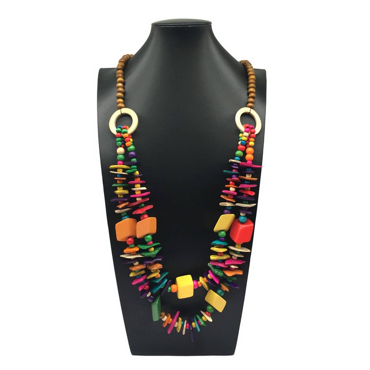 Vintage Geometric Wood Coconut Shell Necklace_Cwmm4978