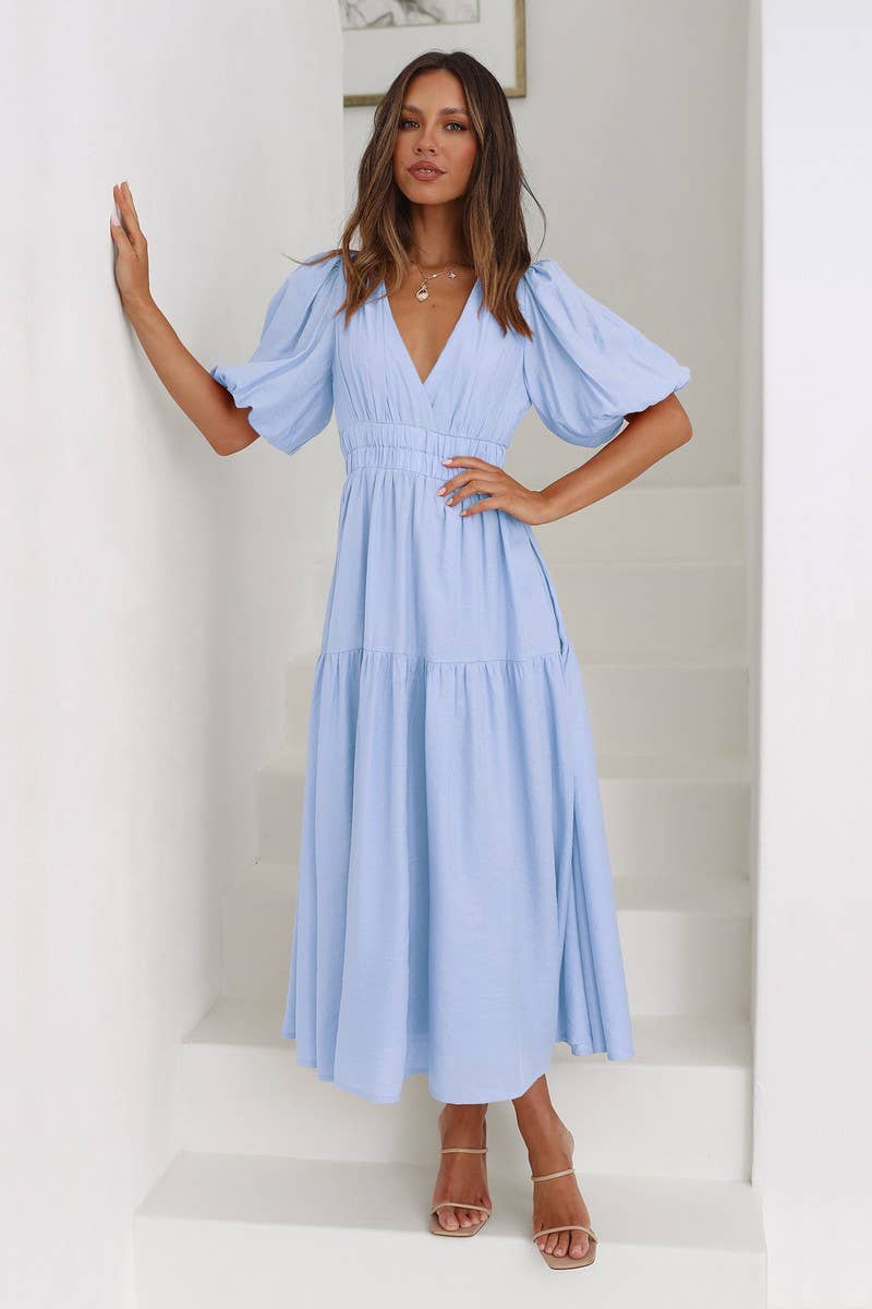 Solid Color Dark V Lantern  Sleeve Dress