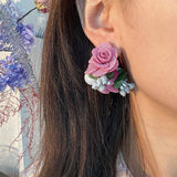PEARL FABRIC FLOWER STUD EARRINGS UNIQUE DESIGN_CWMM6256